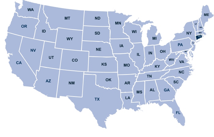 Map of the United States with Connecticut highlighted
