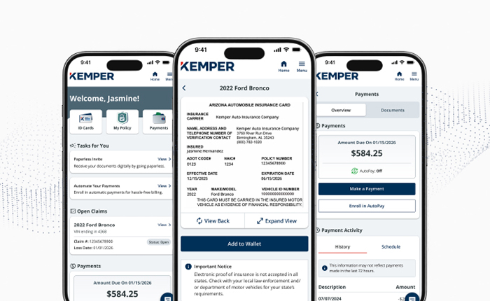 Tres teléfonos inteligentes muestran la interfaz de la aplicación de seguros Kemper