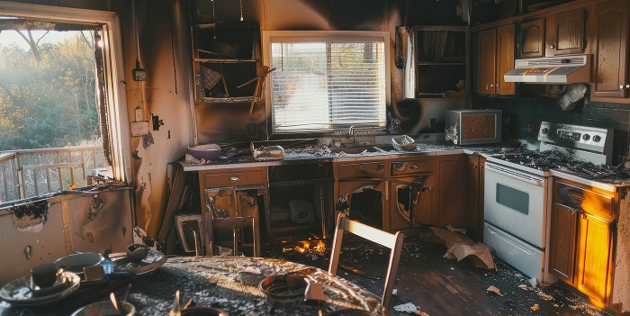 Severe damage in a kitchen after fire