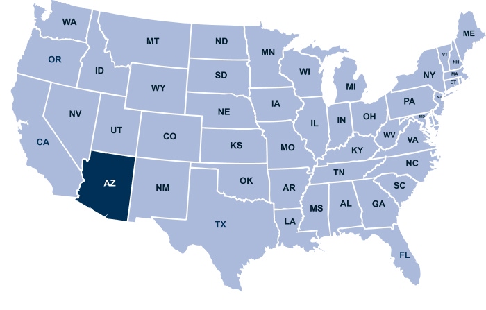 Map of the United States with Arizona highlighted