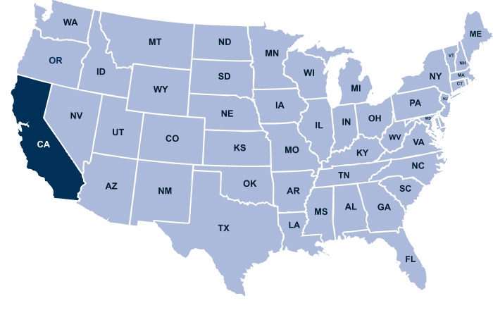 Map of the United States with California highlighted