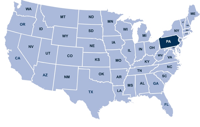 Map of the United States with Pennsylvania highlighted