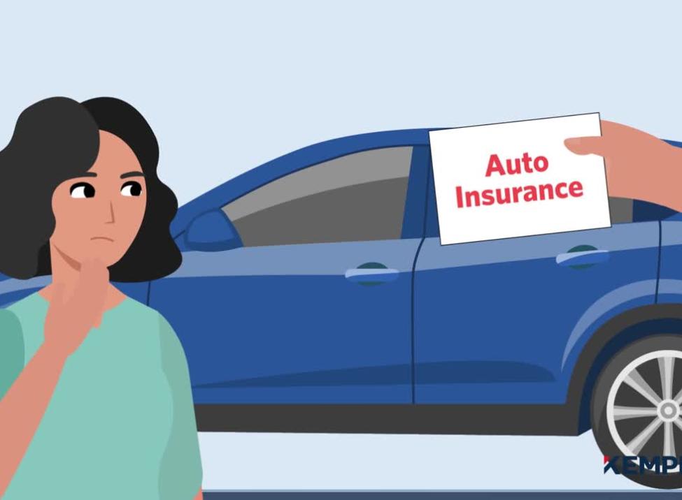 Woman with blue car is looking at a sign that says "Auto Insurance"