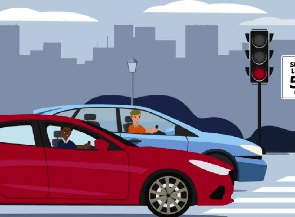 Illustration showing a red car and a blue car stopped at a stoplight.